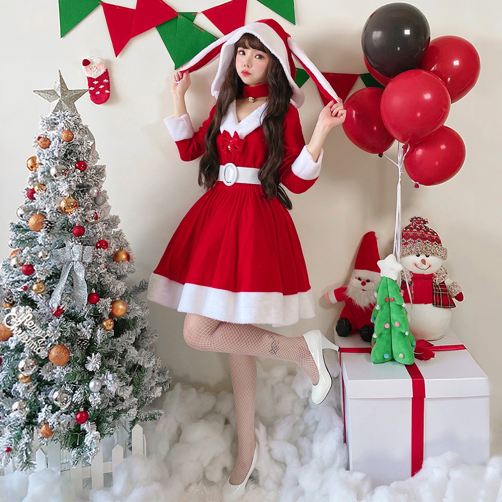クリスマス サンタ コスプレ ワンピース レディース 長袖 Vネック うさ耳付き Mサイズ 衣装セット