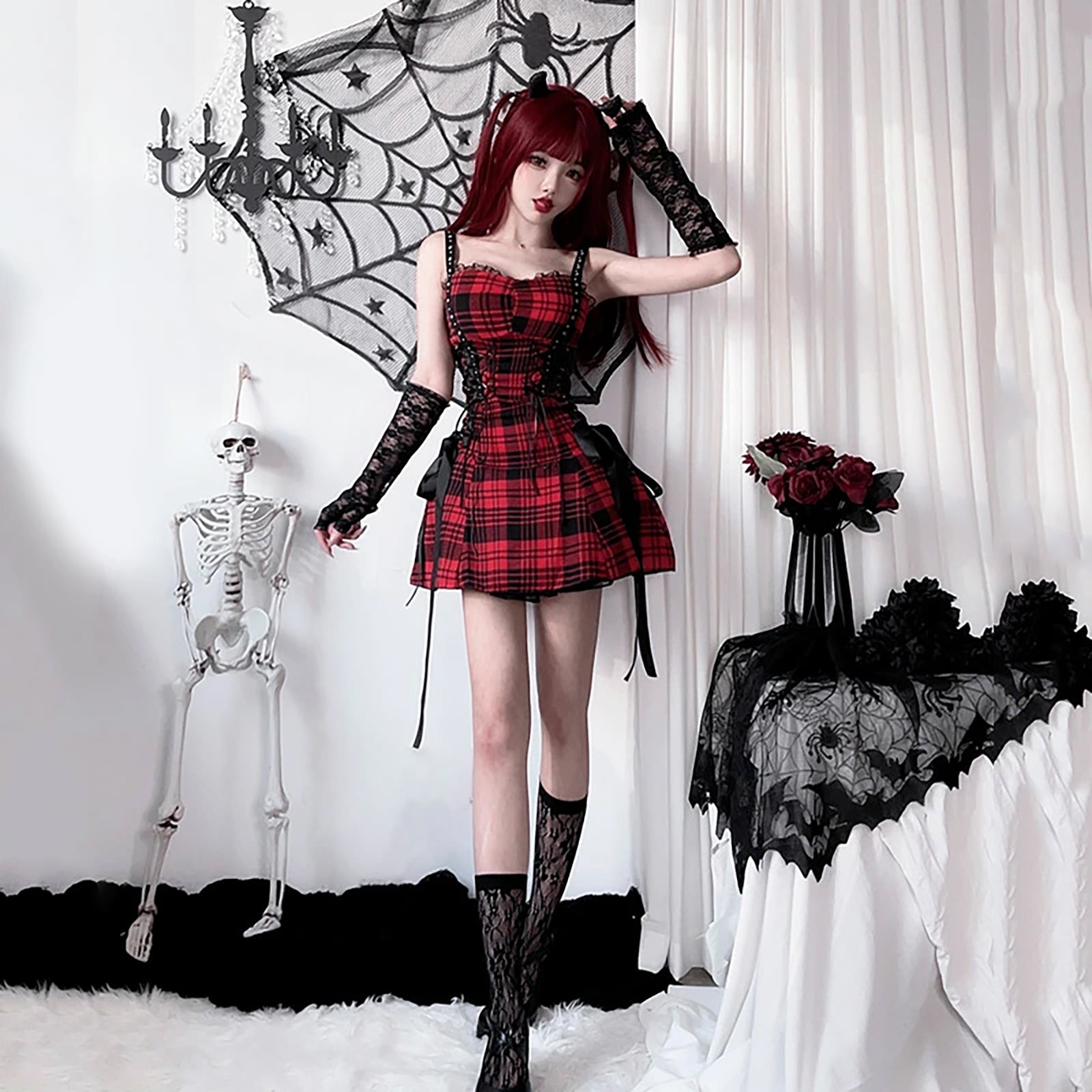 ゴシック　ワンピース　コスプレ　コスチューム　チェック柄　ゴスロリ