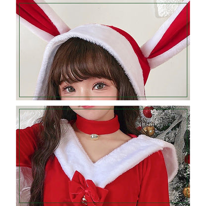 クリスマス サンタ コスプレ ワンピース レディース 長袖 Vネック うさ耳付き Mサイズ 衣装セット