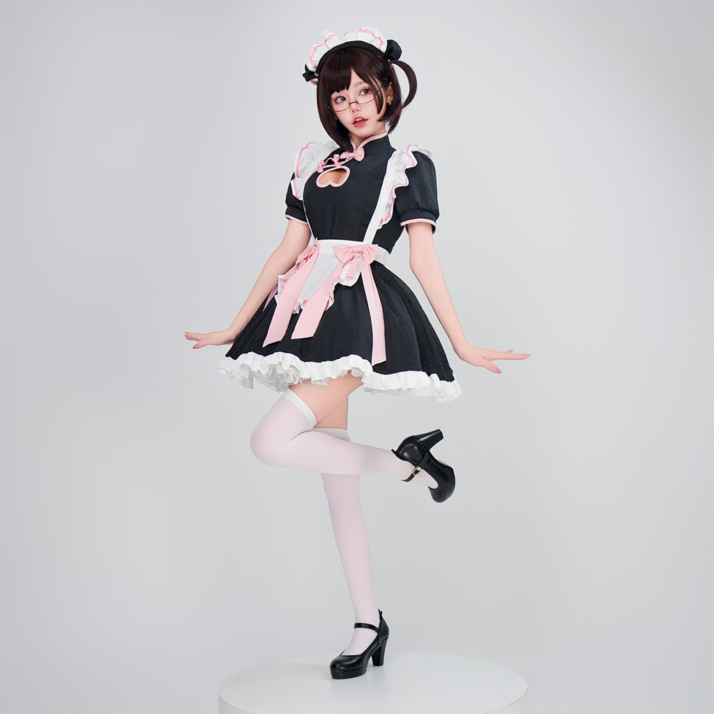 チャイナ風メイドコスチューム カチューシャ リボン 髪飾り付き