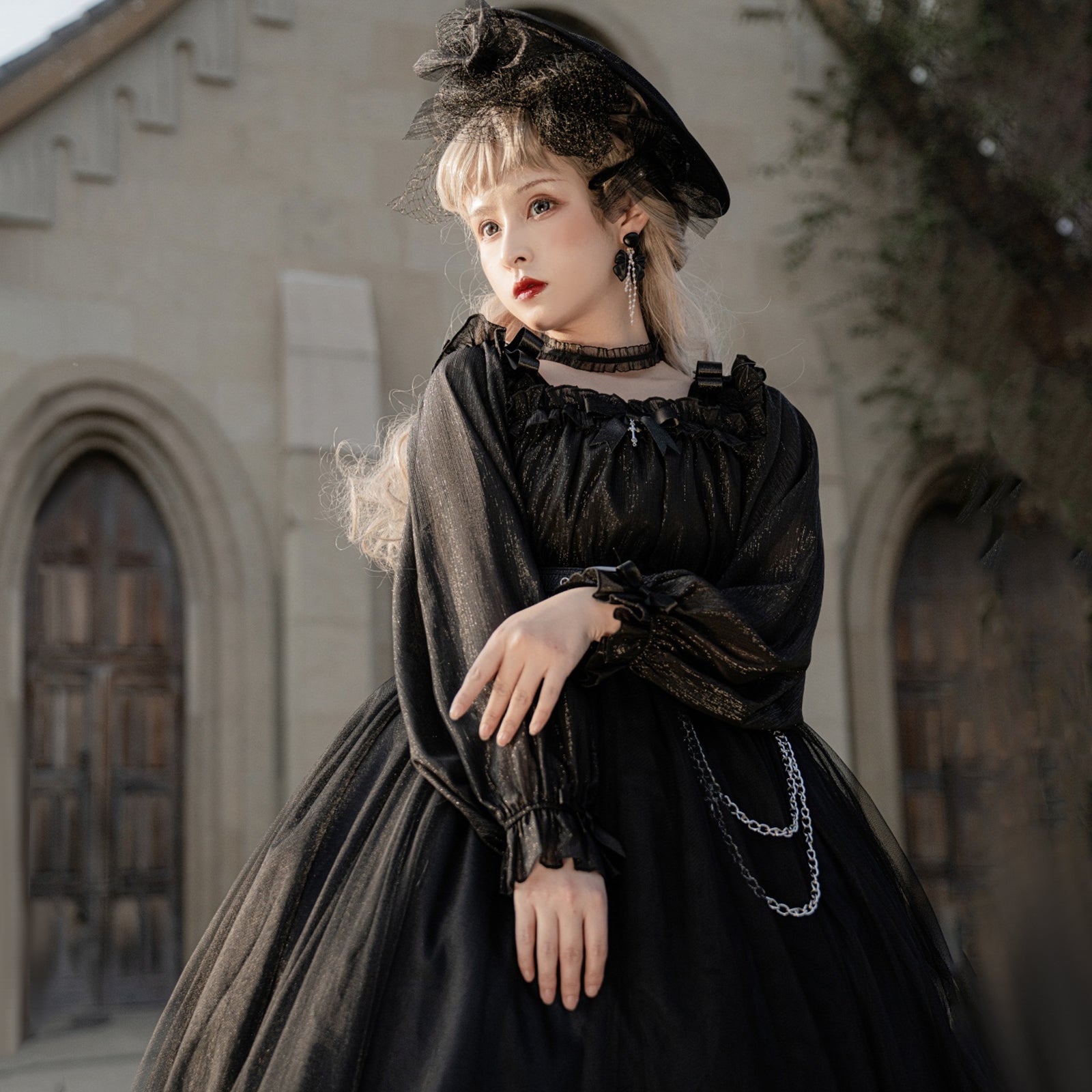 ゴスロリ ロリータ ワンピース ブラック レッド シフォン チェーン