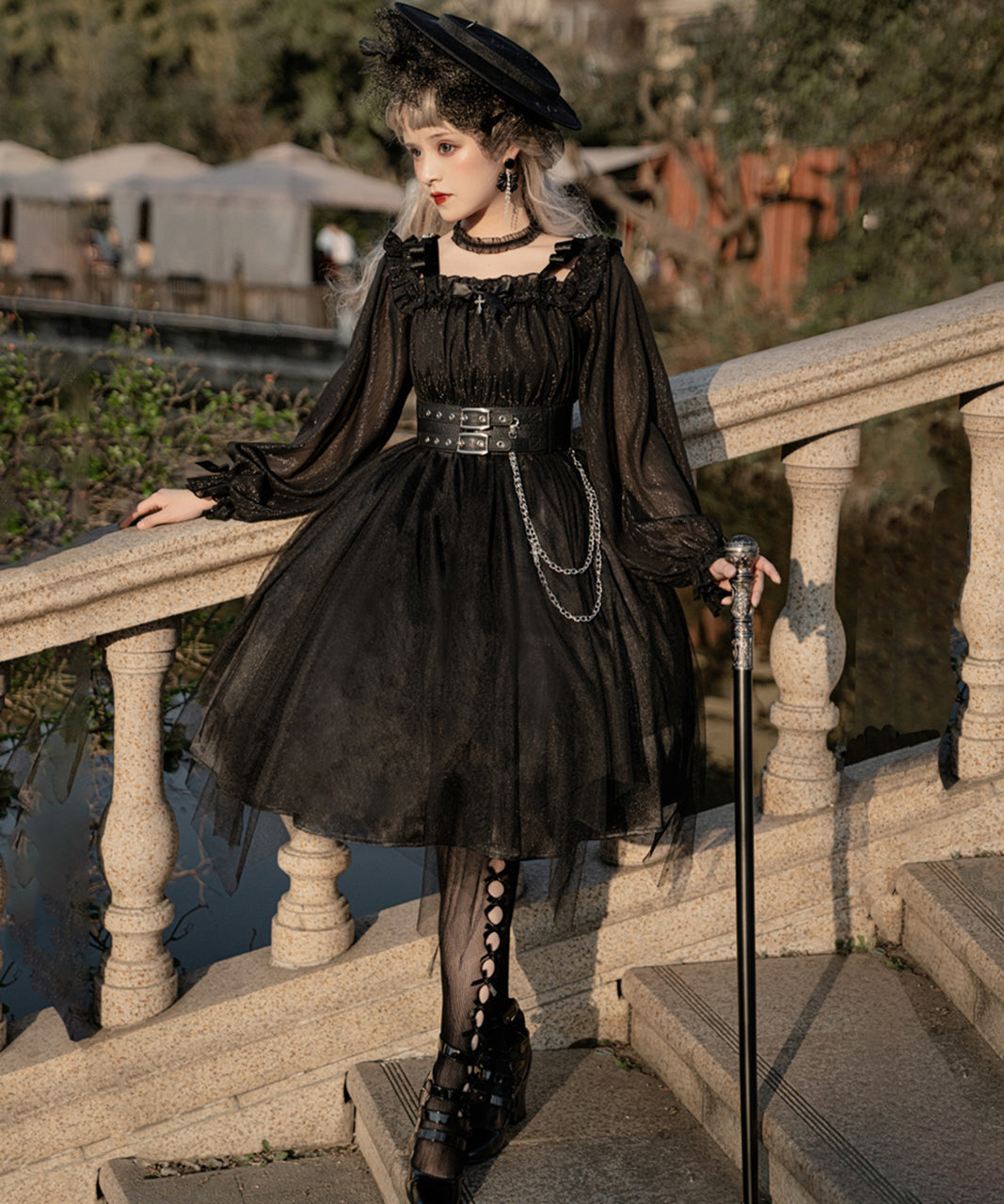 ゴスロリ ロリータ ワンピース ブラック レッド シフォン チェーン