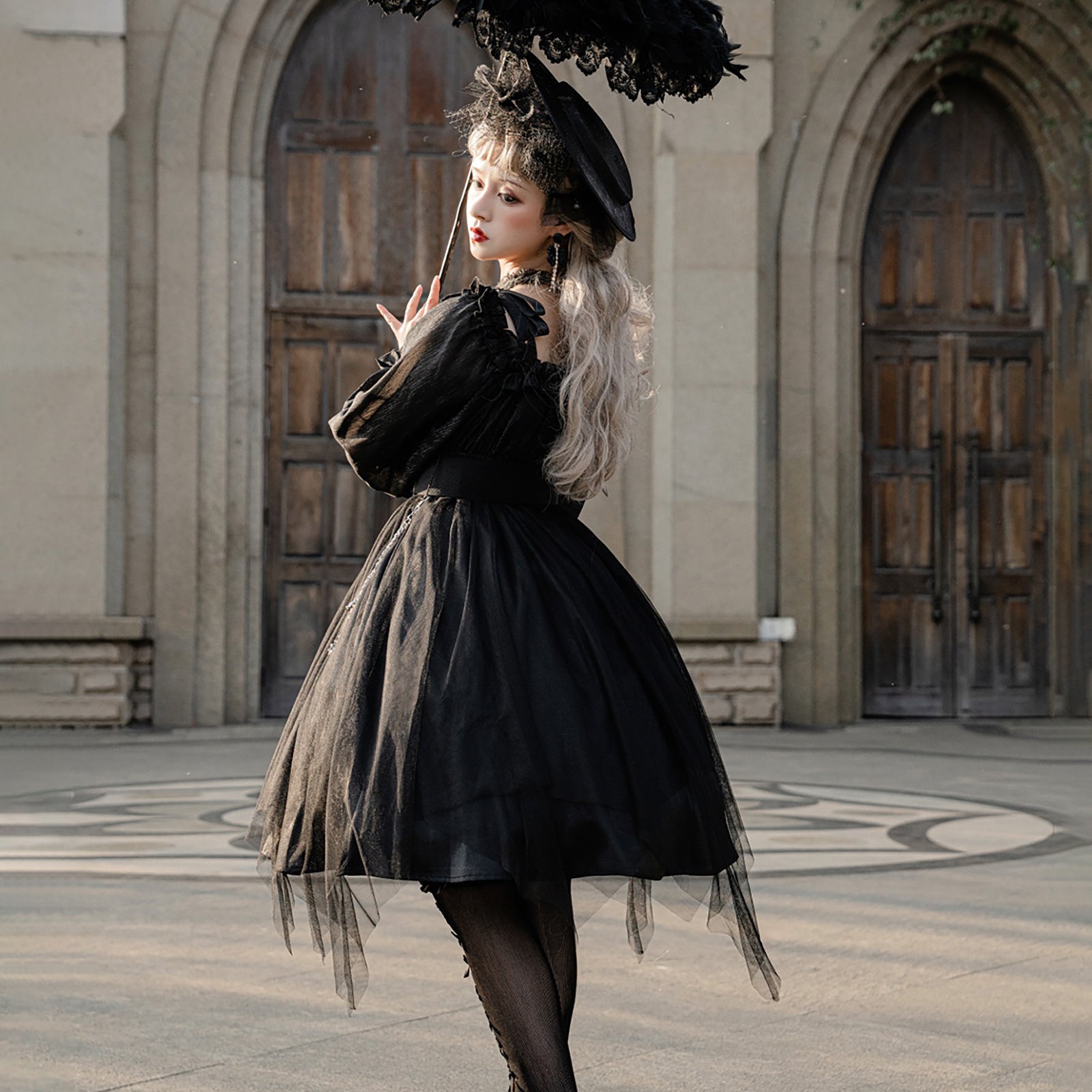 ゴスロリ ロリータ ワンピース ブラック レッド シフォン チェーン