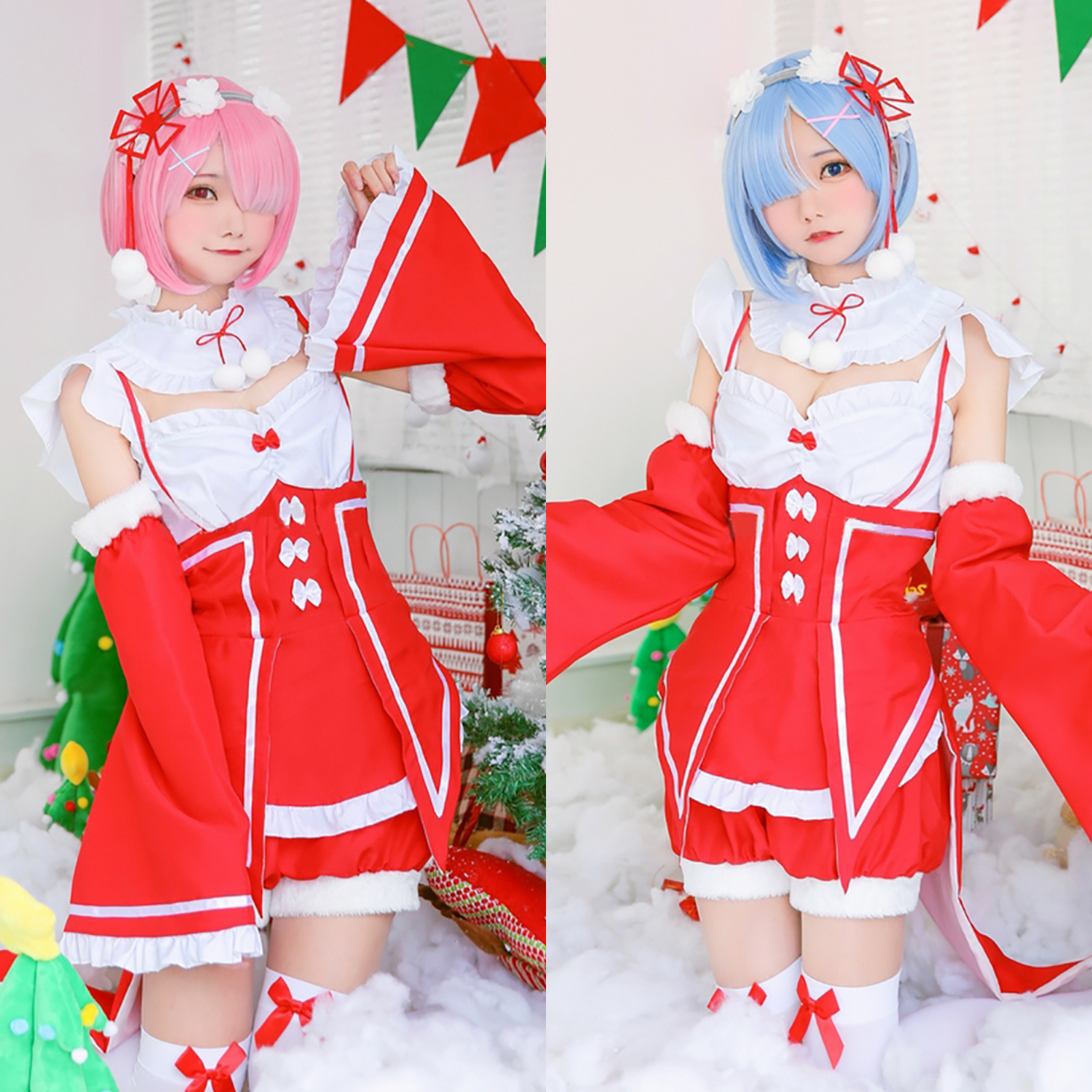 コスプレ衣装 レム ラム リゼロ サンタ メイド 9点セット（ウィッグ付き）