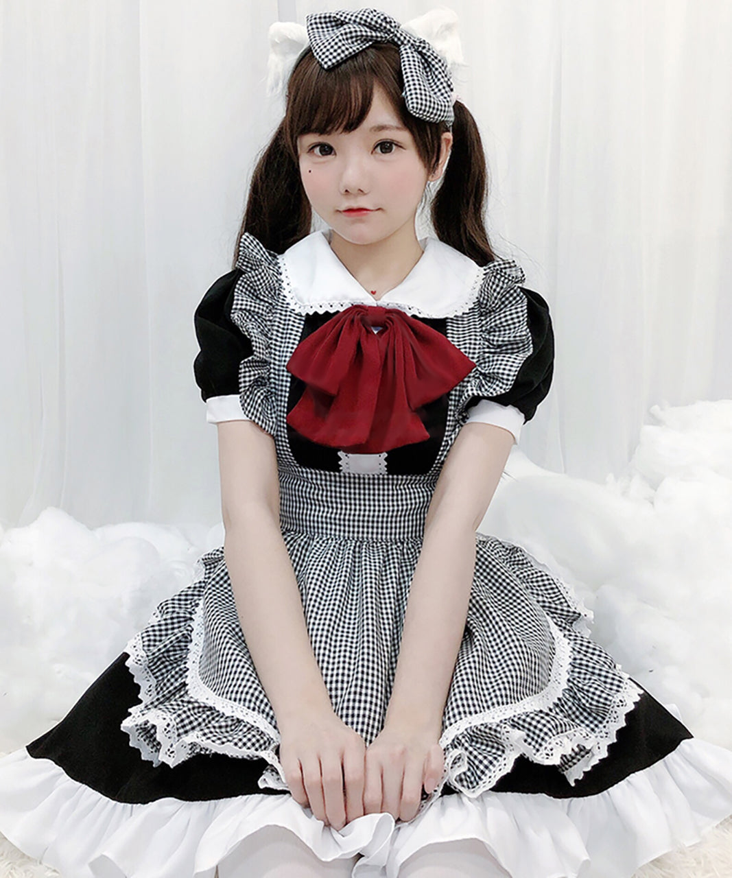 メイド服 ロリータ ワンピース  赤リボン フリル エプロン ギンガムチェック
