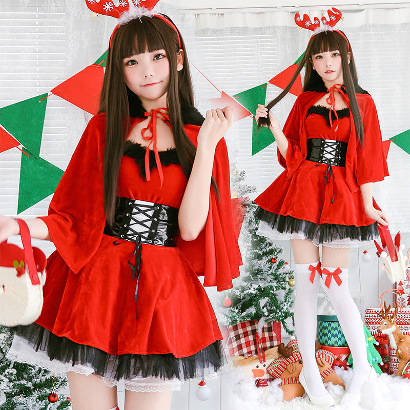 トナカイカチューシャ付き サンタコスプレ ポンチョ ワンピースセット