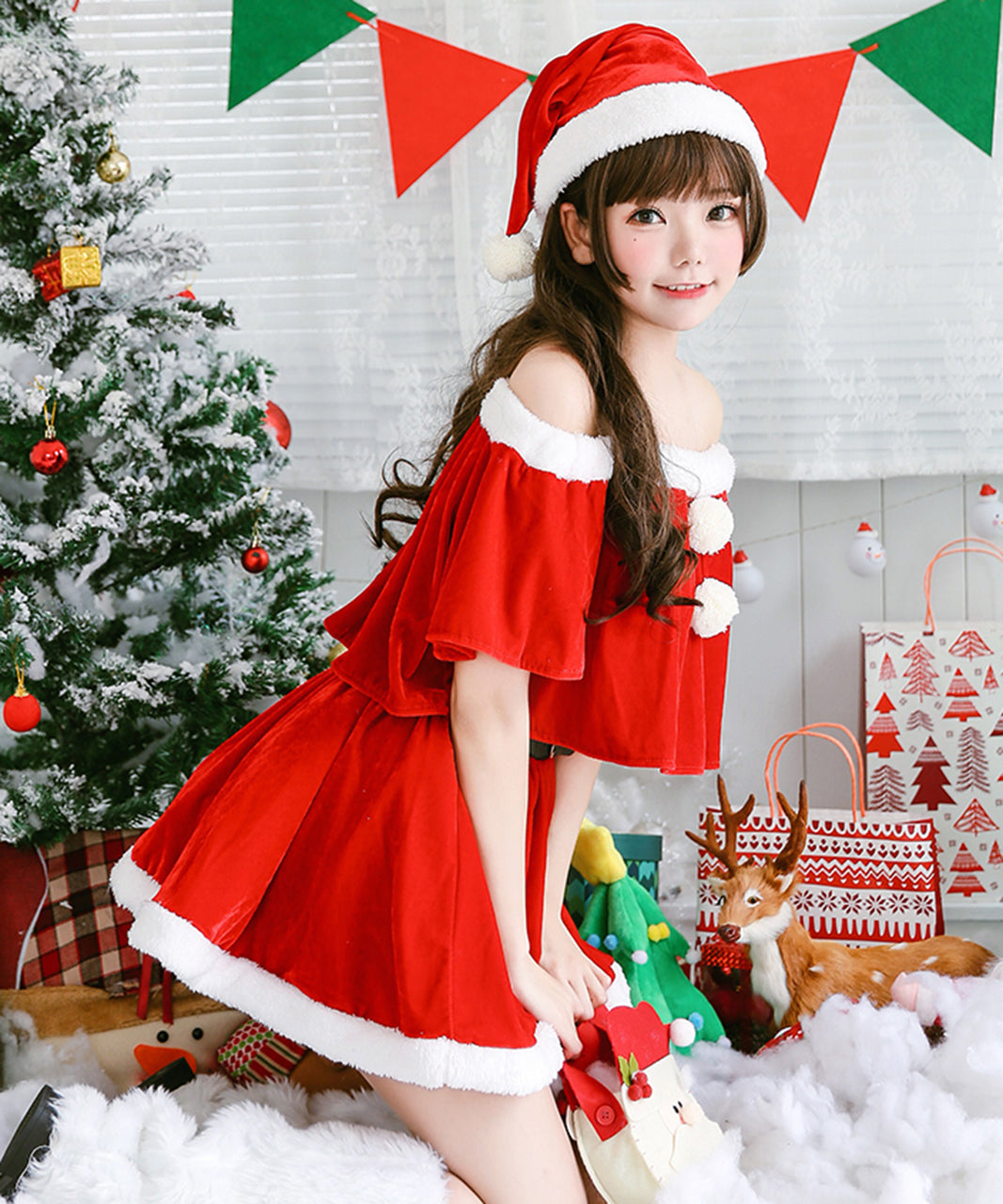 クリスマス衣装 半袖オフショルサンタ服