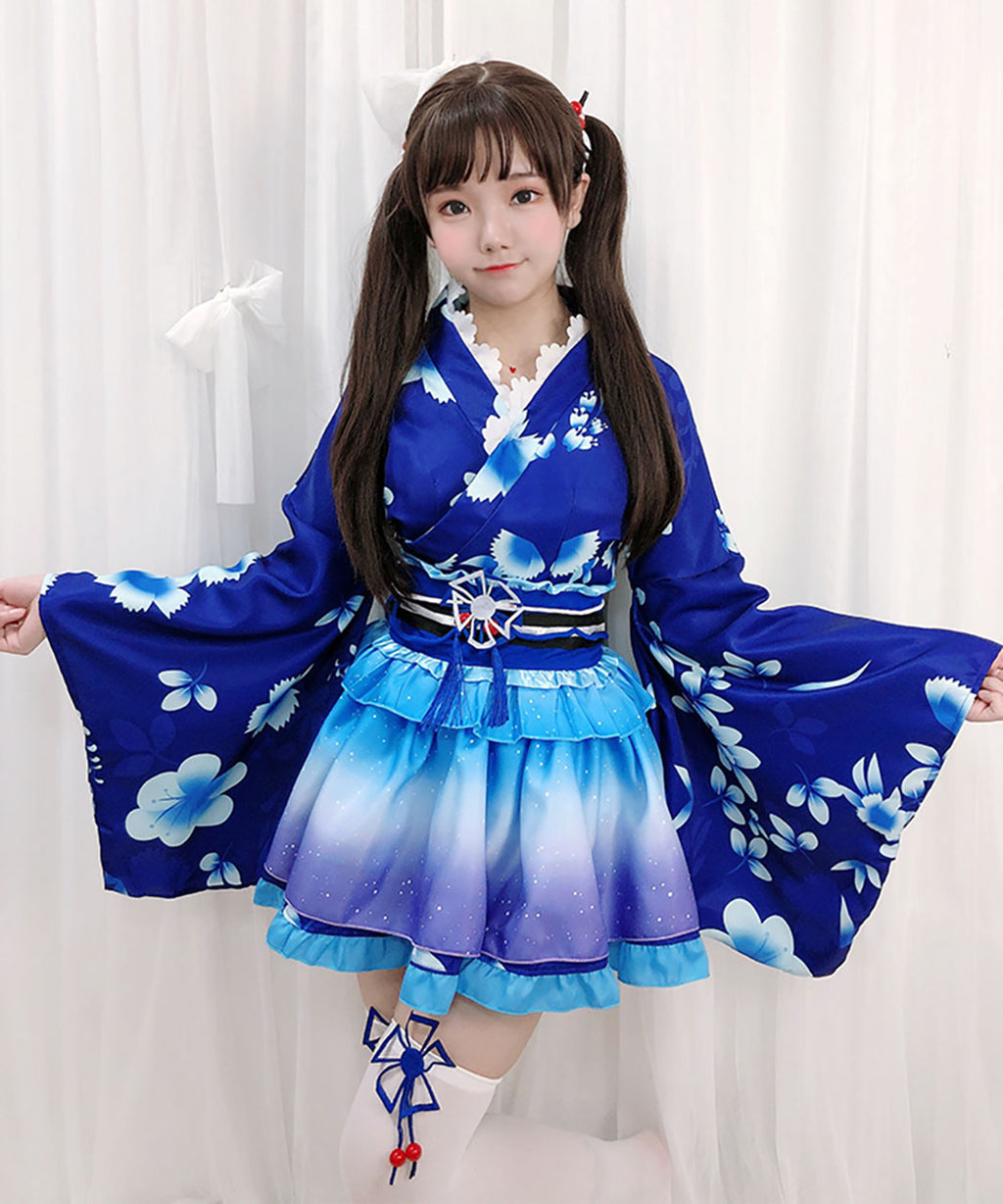 浴衣 和風 ミニスカ コスプレ 衣装　ブルー　夏　コスチューム　お祭り