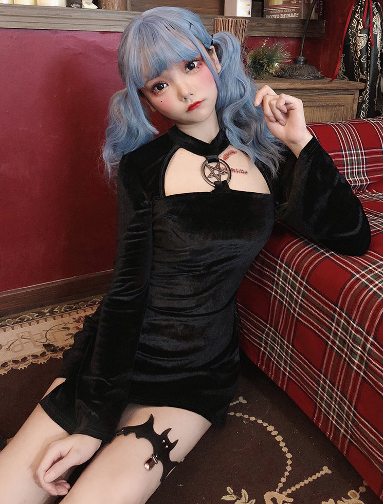 コウモリ 吸血鬼 ゴシック 風 六芒星 セクシーワンピース コスプレ ハロウィン 衣装