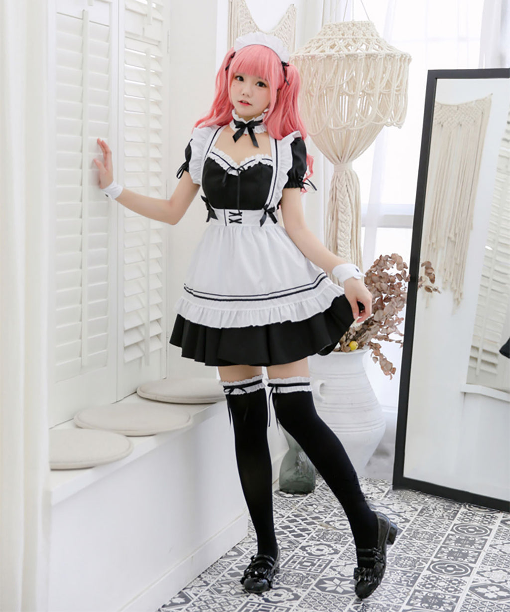 メイド服 コスプレ モノクロ パフスリーブ スクエアネック ミニ丈