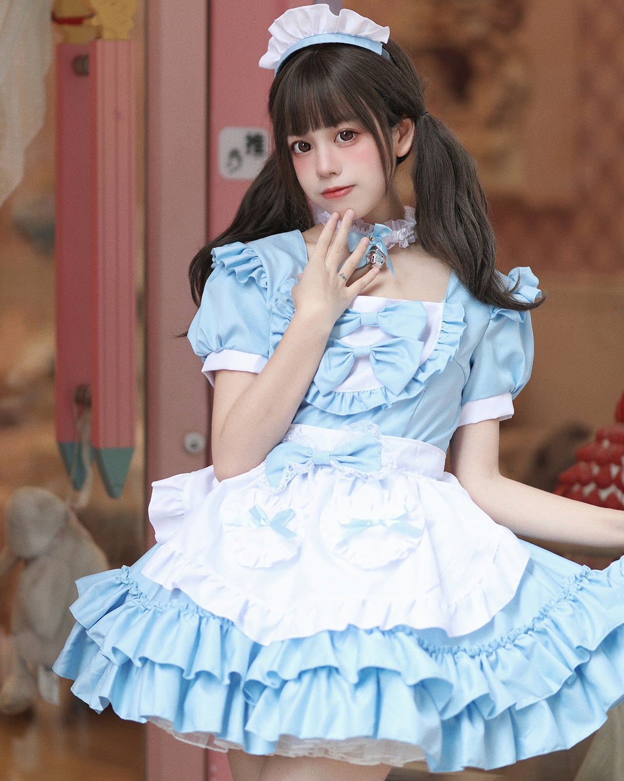 メイド服 ロリータ コスプレ ワンピース レディース 半袖 リボン 4色