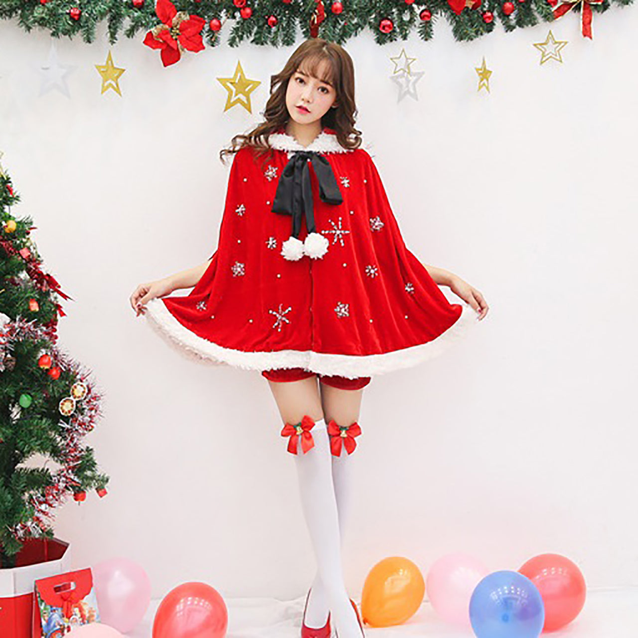 フードポンチョ付き雪の結晶柄サンタコスプレ レディース 4点セット