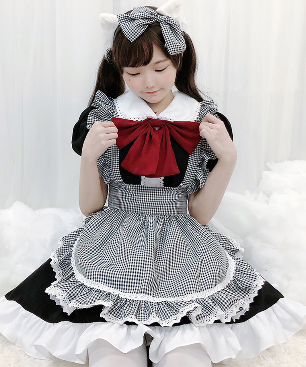 メイド服 ロリータ ワンピース  赤リボン フリル エプロン ギンガムチェック