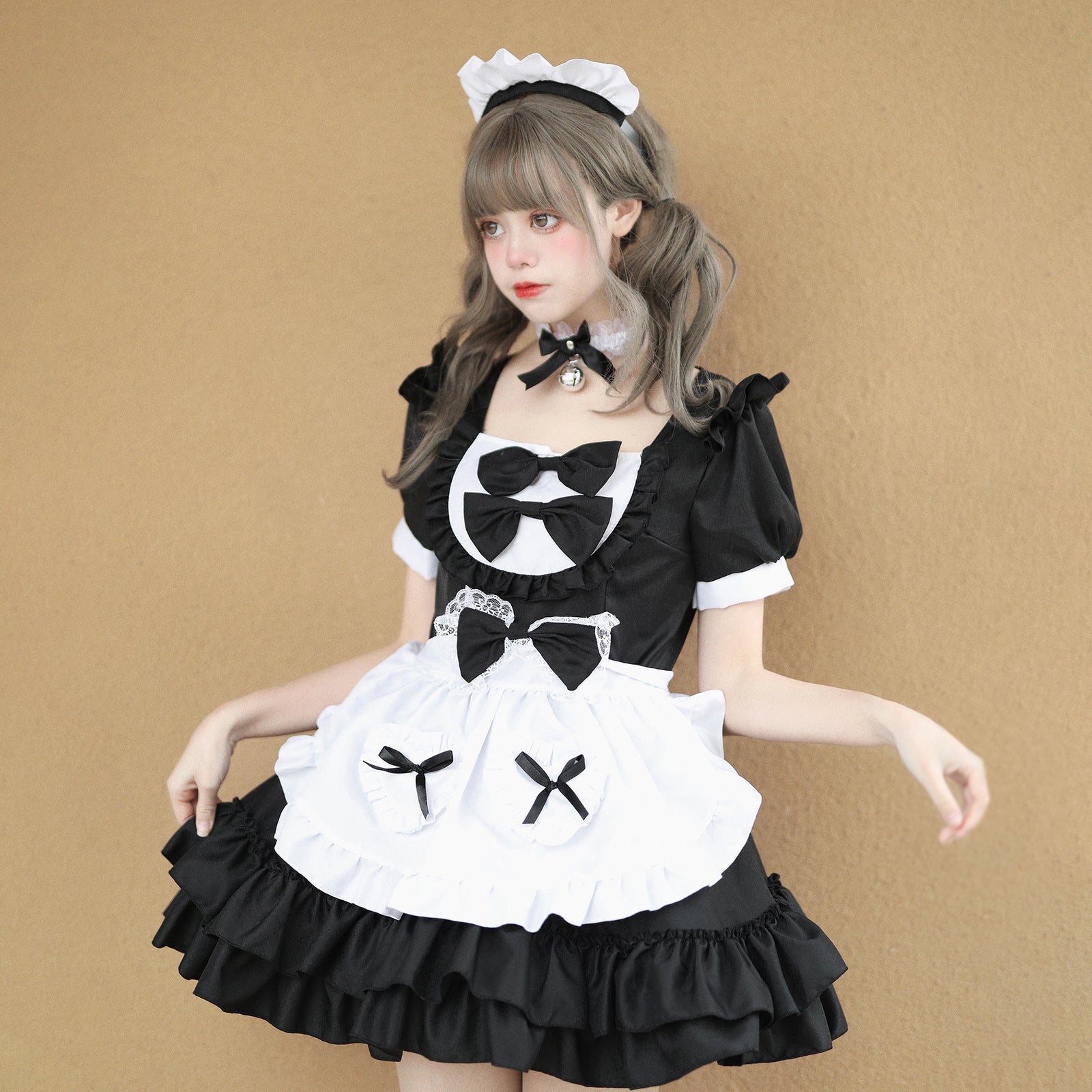 メイド服 ロリータ コスプレ ワンピース レディース 半袖 リボン 4色