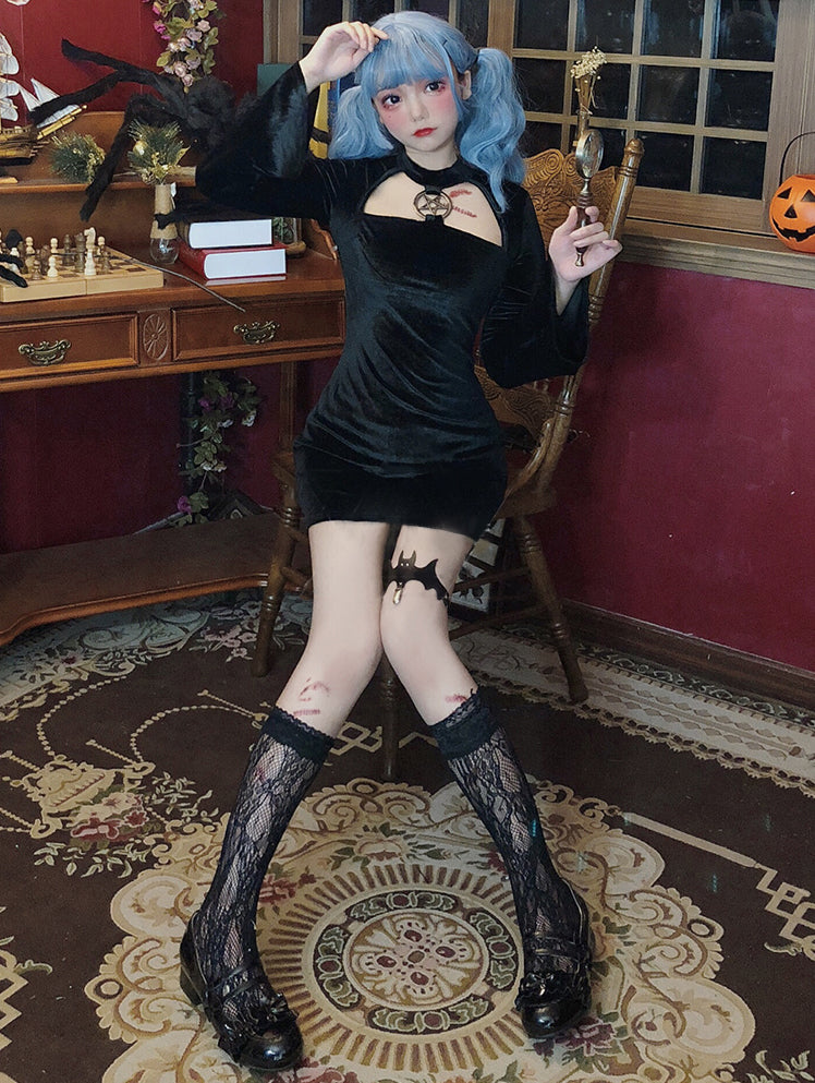 コウモリ 吸血鬼 ゴシック 風 六芒星 セクシーワンピース コスプレ ハロウィン 衣装