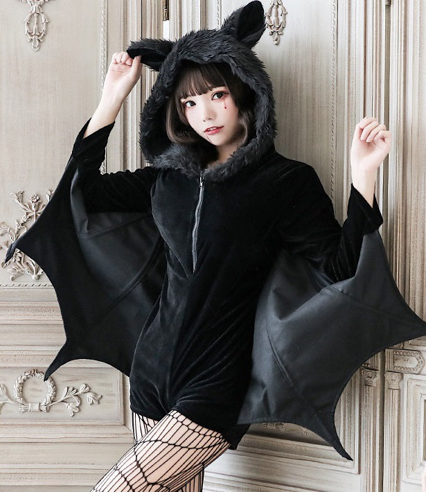 コウモリモチーフ もこもこパーカー ハロウィン コスプレ衣装 レディース