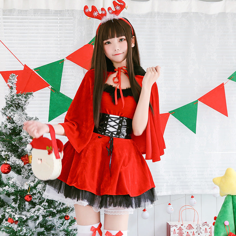 クリスマス サンタ衣装 レディース 4点セット ポンチョスタイル