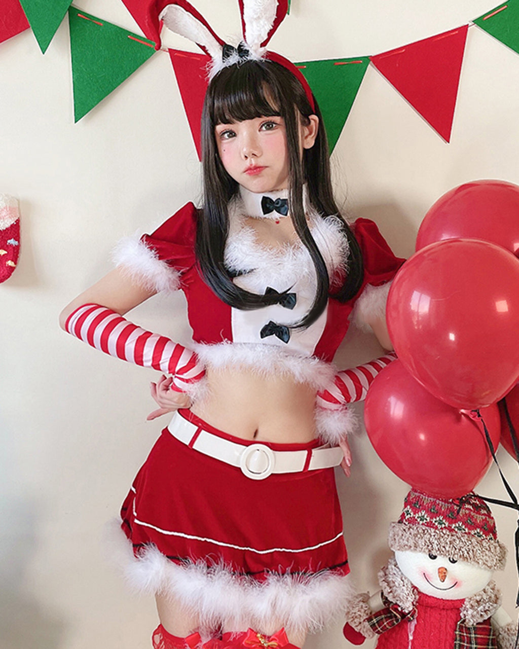 レディース サンタコスプレ バニーガール風 ベロア生地衣装　赤