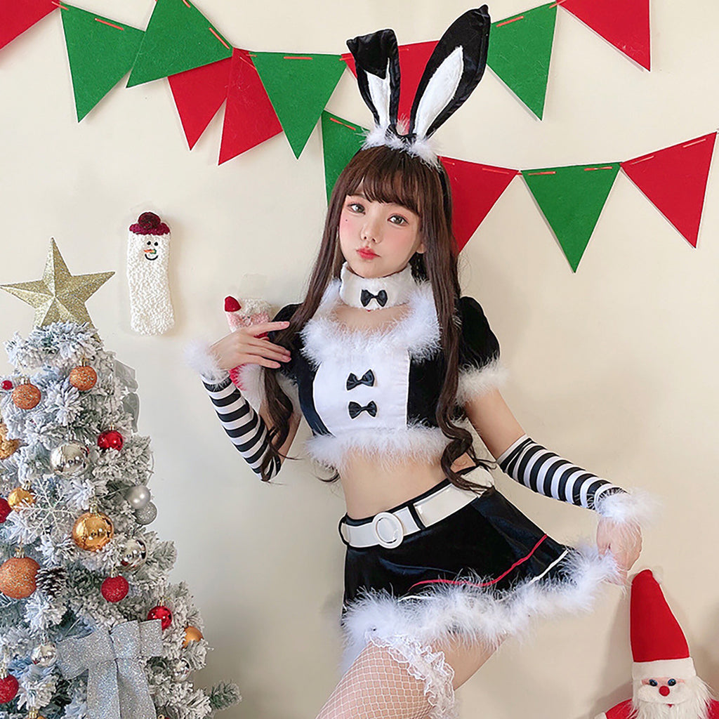 サンタ コスプレ レディース クリスマス サンタクロース バニーガール セクシー　黒　しましま　ベロア　ベルベット　女子会