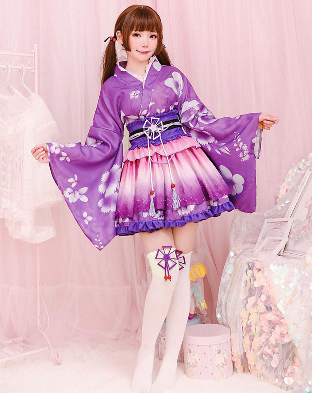 浴衣 和風 ミニスカ コスプレ 衣装　パープル