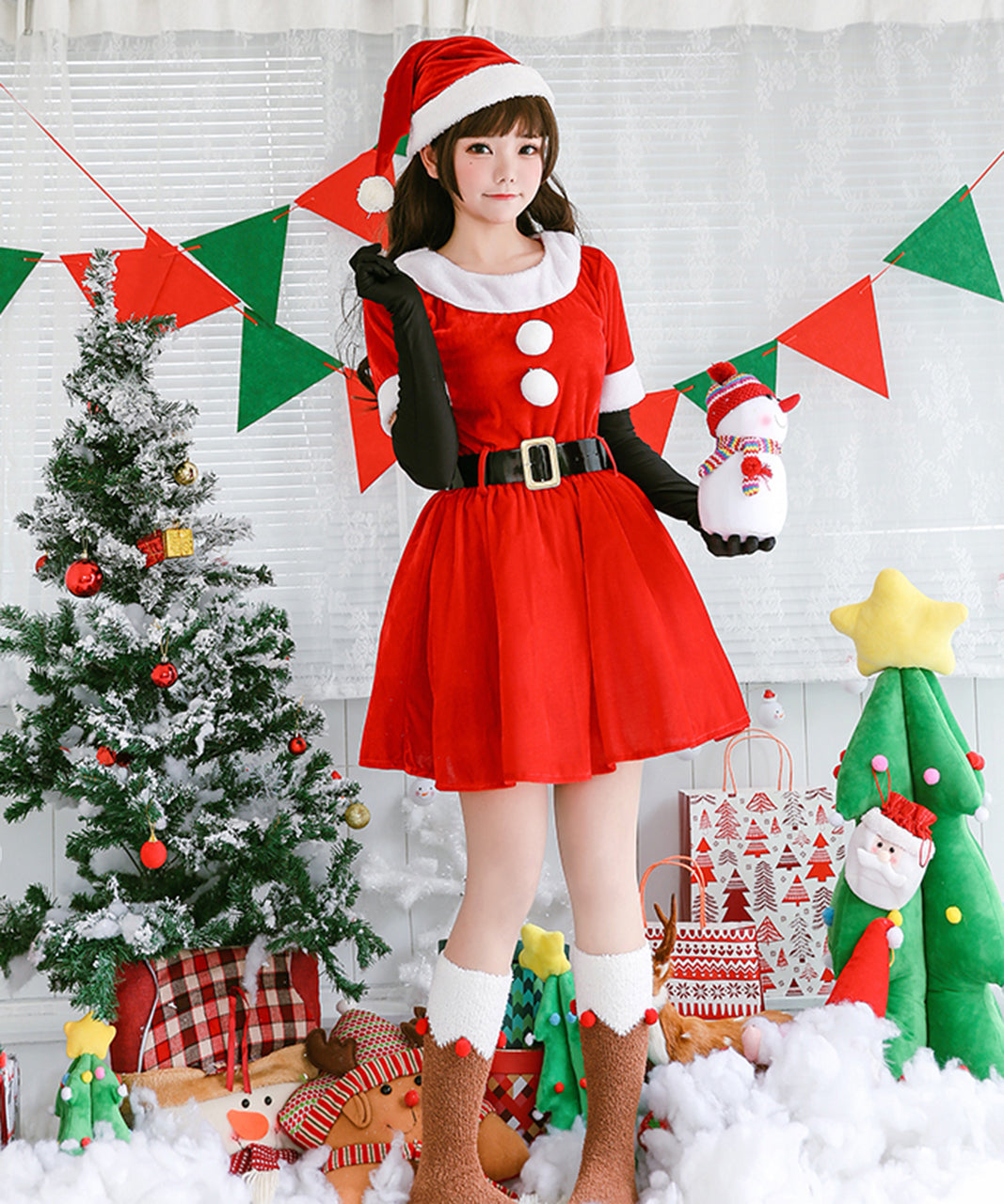 レディース向け定番サンタコスプレ ワンピースセット 全体画像