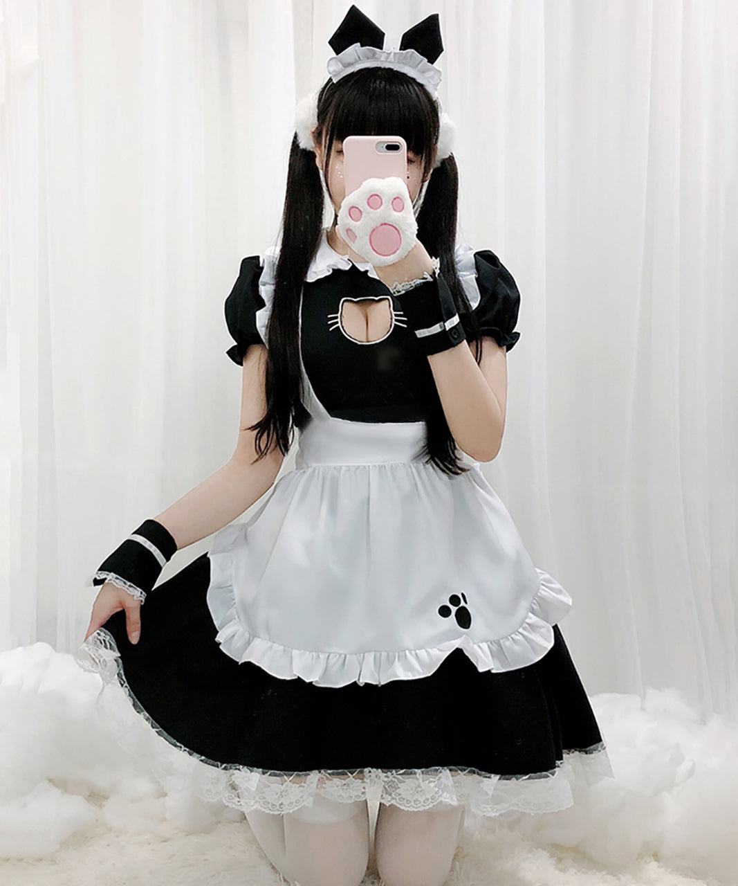 メイド服 ワンピース ロリータ フリル レース エプロン ミニ丈 猫