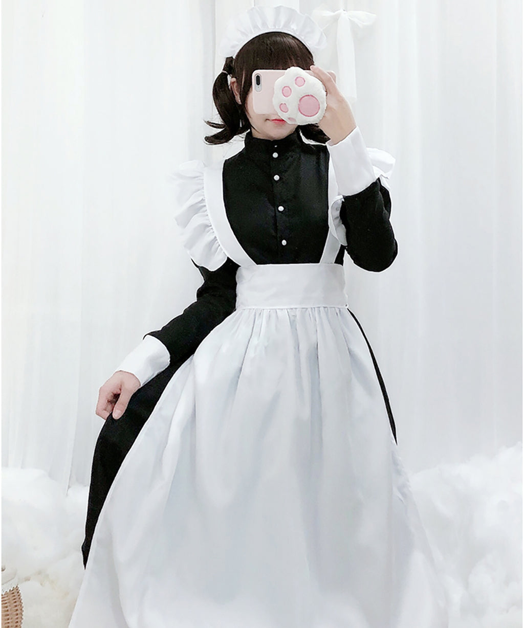 メイド服 ワンピース ロリータ クラシカル エプロン モノクロ ロング丈