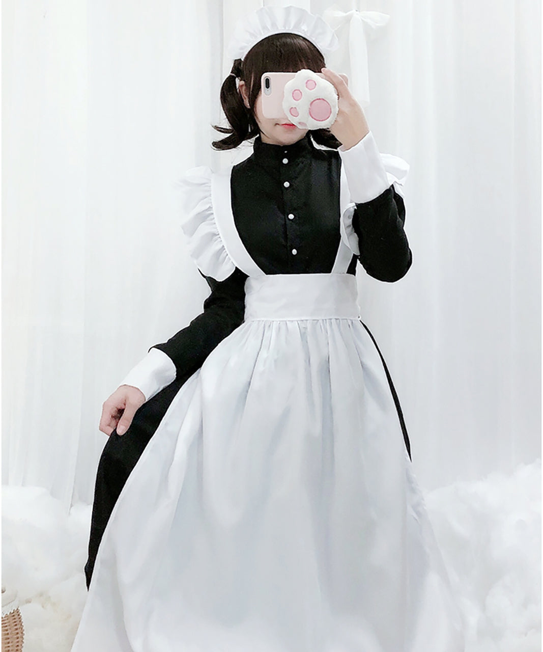 メイド服 ワンピース ロリータ クラシカル エプロン モノクロ ロング丈
