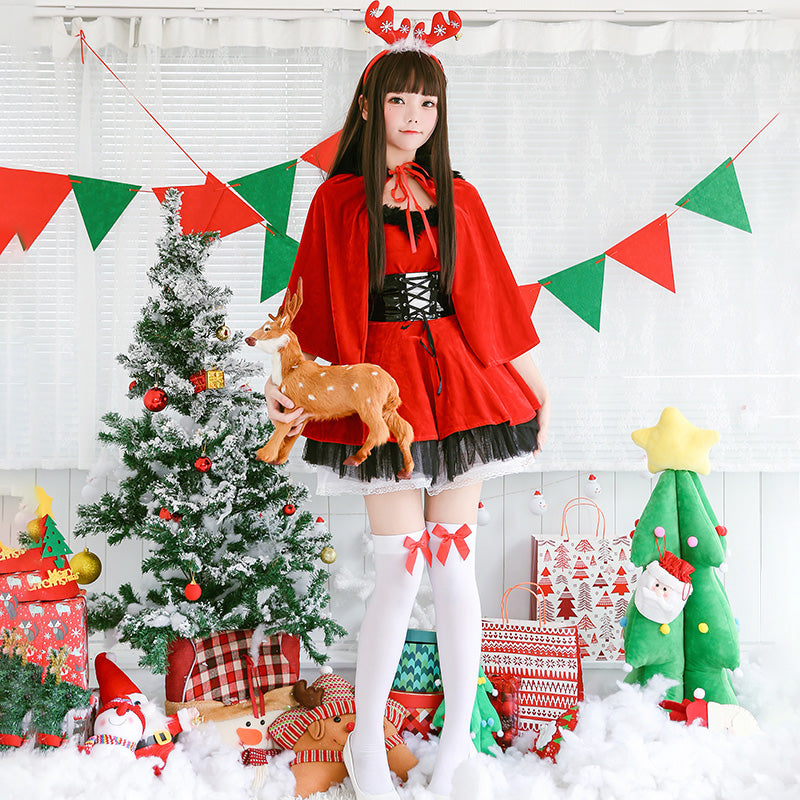 クリスマスコスプレ 女性用 ポンチョとワンピースセット