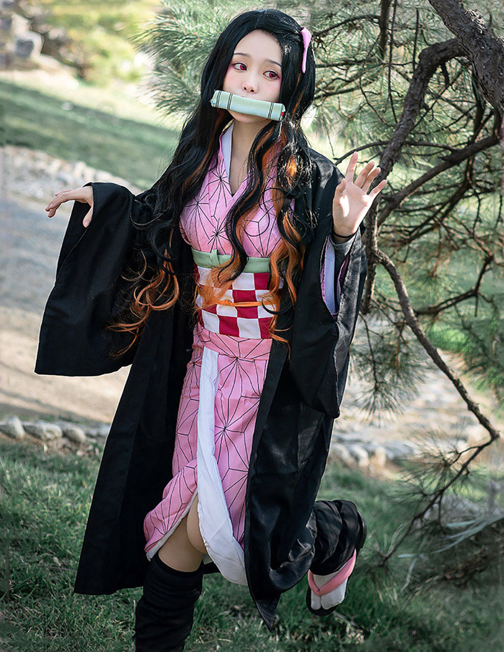 鬼滅の刃風 禰豆子風 コスプレ 羽織 着物 竹筒付き レディース