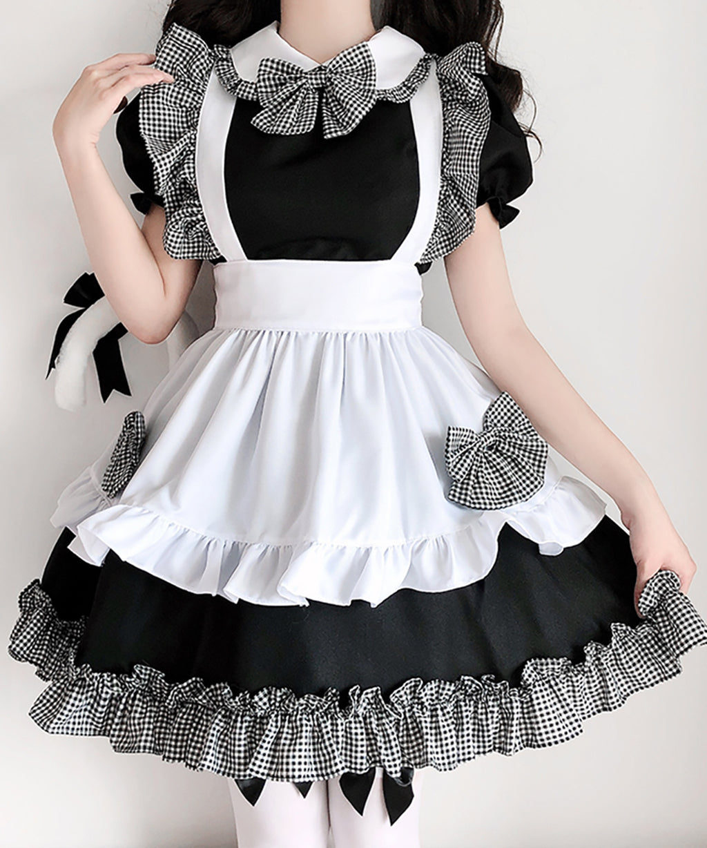 メイド服 ロリータ ワンピース メイド服 ミニ丈 ギンガムチェック フリル