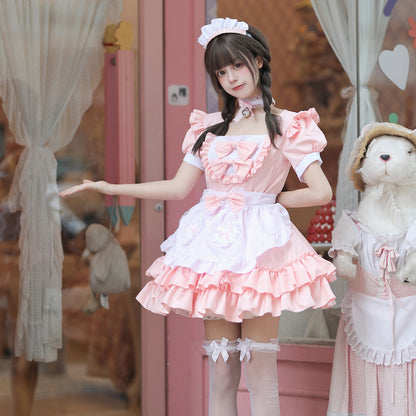 メイド服 ロリータ コスプレ ワンピース レディース 半袖 リボン 4色