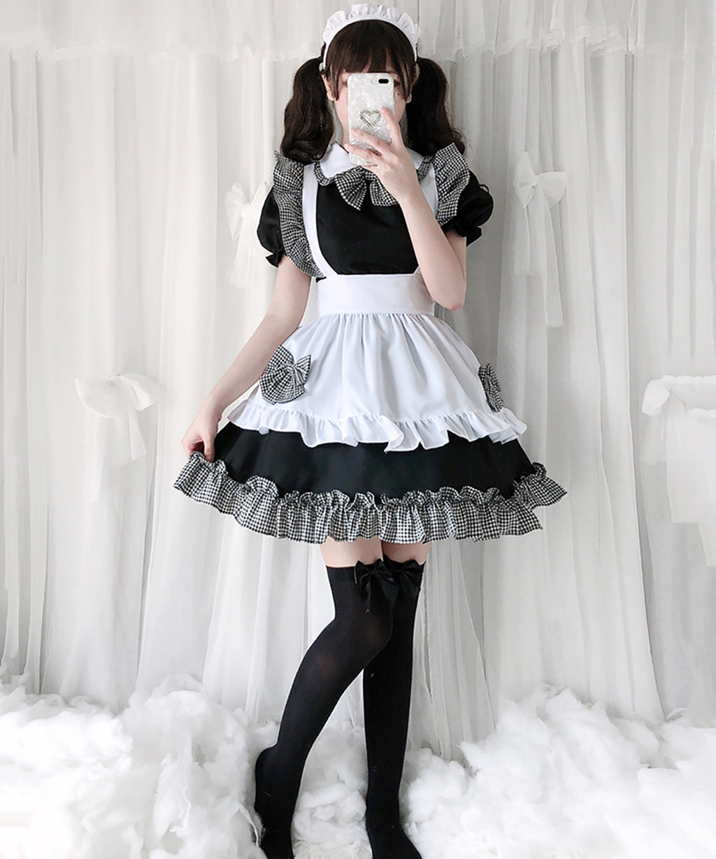 メイド服 ロリータ ワンピース メイド服 ミニ丈 ギンガムチェック フリル