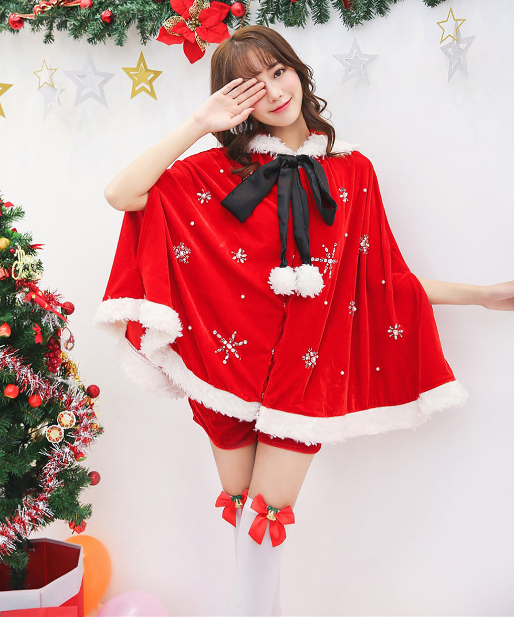 クリスマスコスプレ フード付きポンチョとリボンの可愛いサンタ衣装　女子会　撮影会