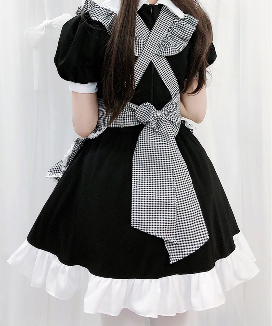 メイド服 ロリータ ワンピース  赤リボン フリル エプロン ギンガムチェック