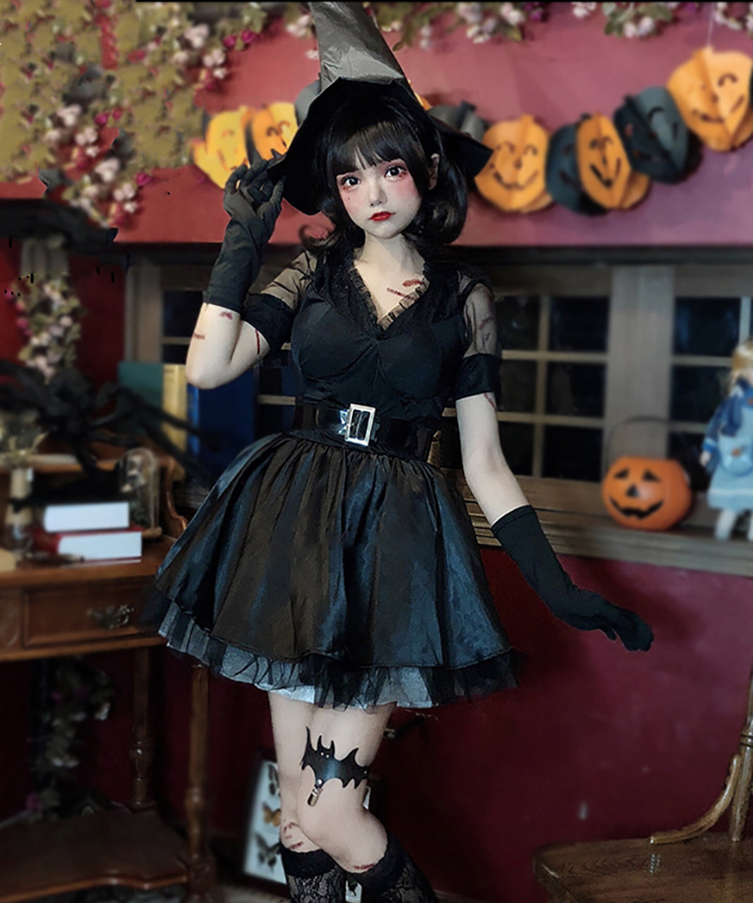 ハロウィン 魔女 コスプレ 衣装 レディース ワンピース シースルースリーブ 帽子付き Mサイズ
