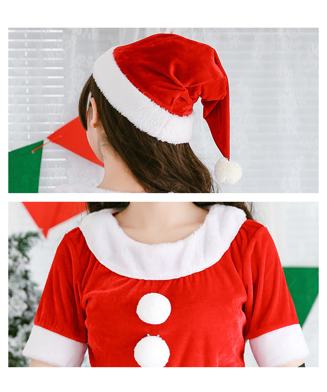 サンタコスプレ 帽子付きワンピース 女性用 コスチューム　胸元　帽子　詳細