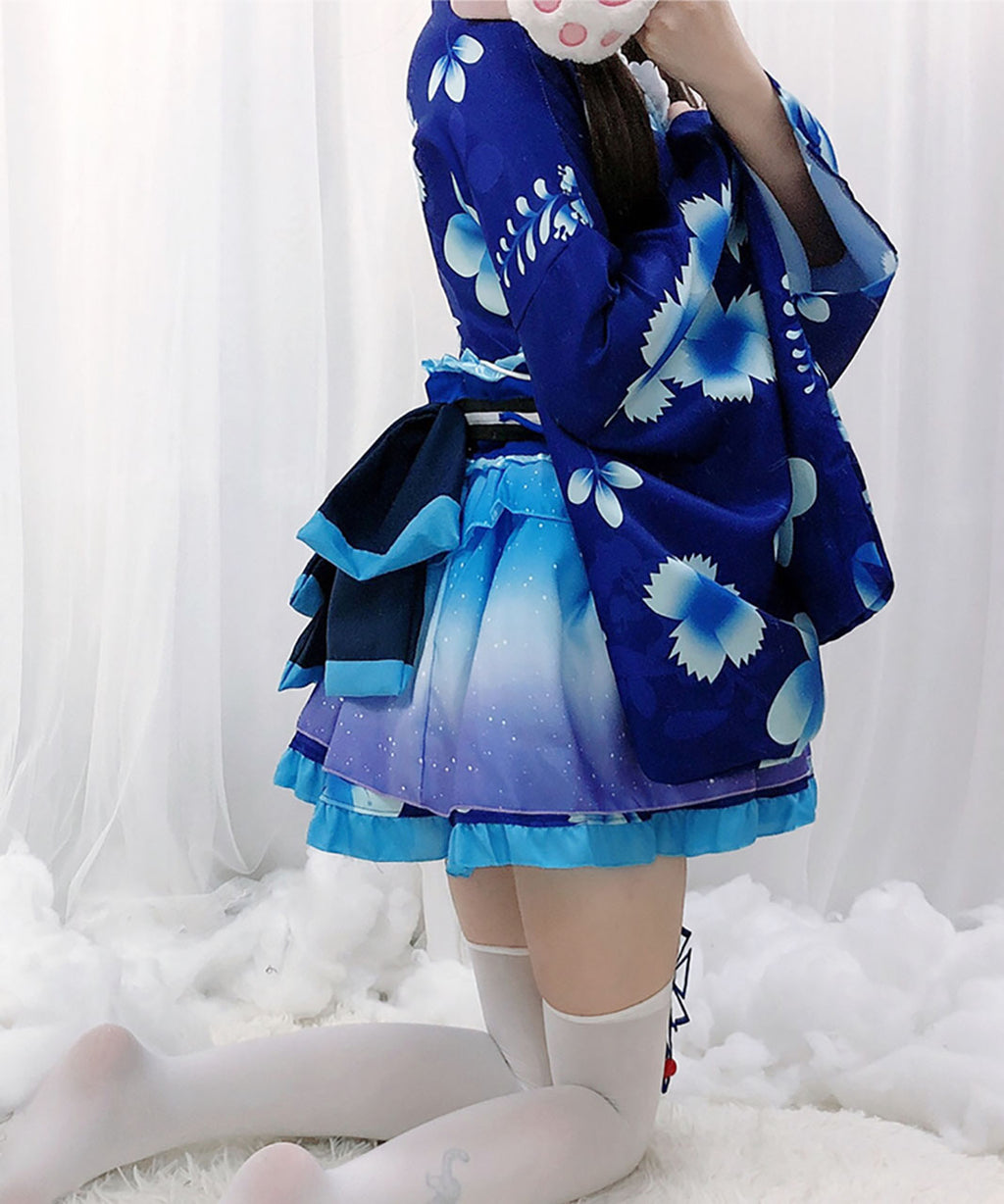 浴衣 和風 ミニスカ コスプレ 衣装　ブルー　夏　コスチューム　お祭り