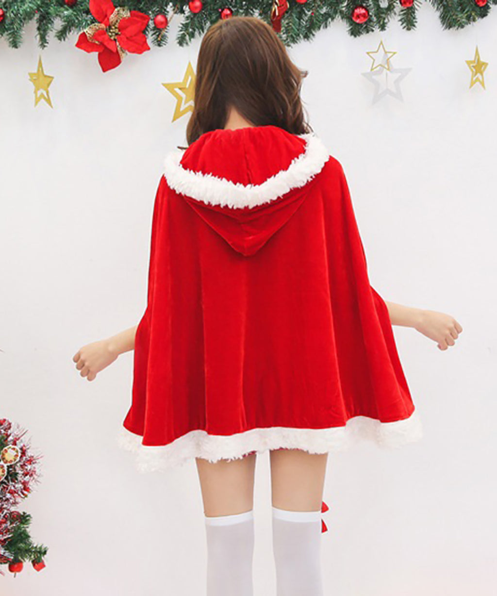 フードポンチョ付き サンタ コスプレ クリスマス レディース 雪の結晶柄 4点セット 体型カバー 可愛い コスチューム