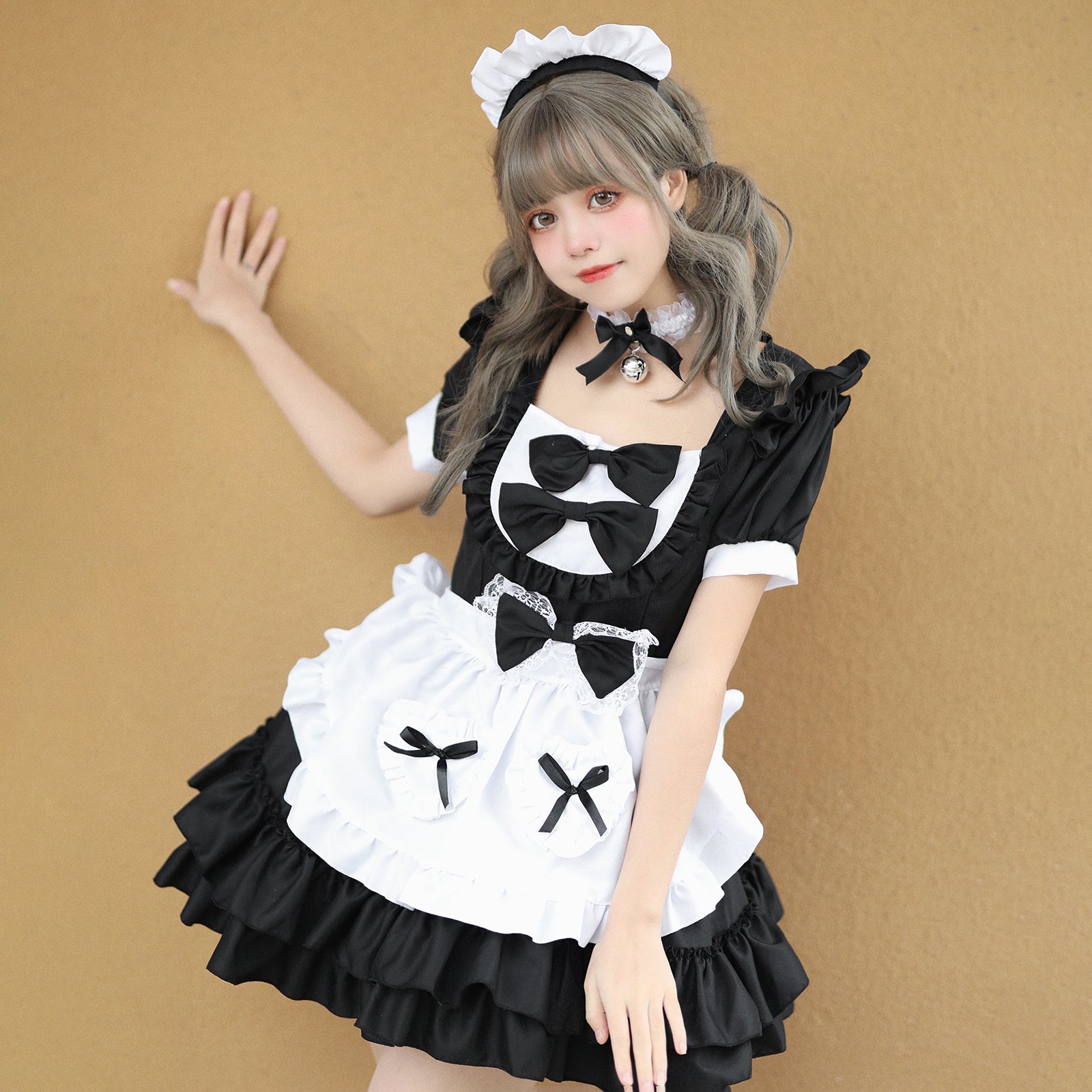 メイド服 ロリータ コスプレ ワンピース レディース 半袖 リボン 4色