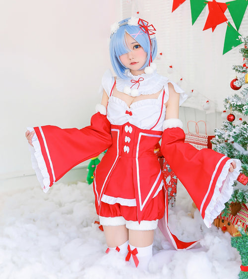 レム風サンタコス メイド服 コスプレセット ウィッグ付き