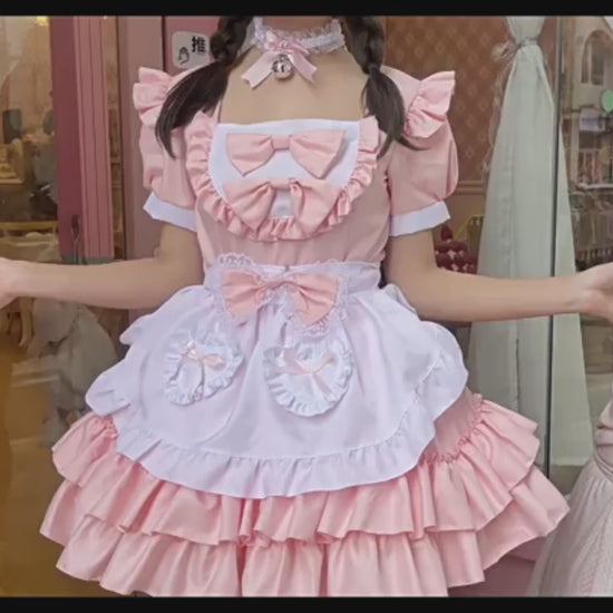 メイド服 ロリータ コスプレ ワンピース レディース 半袖 リボン 4色