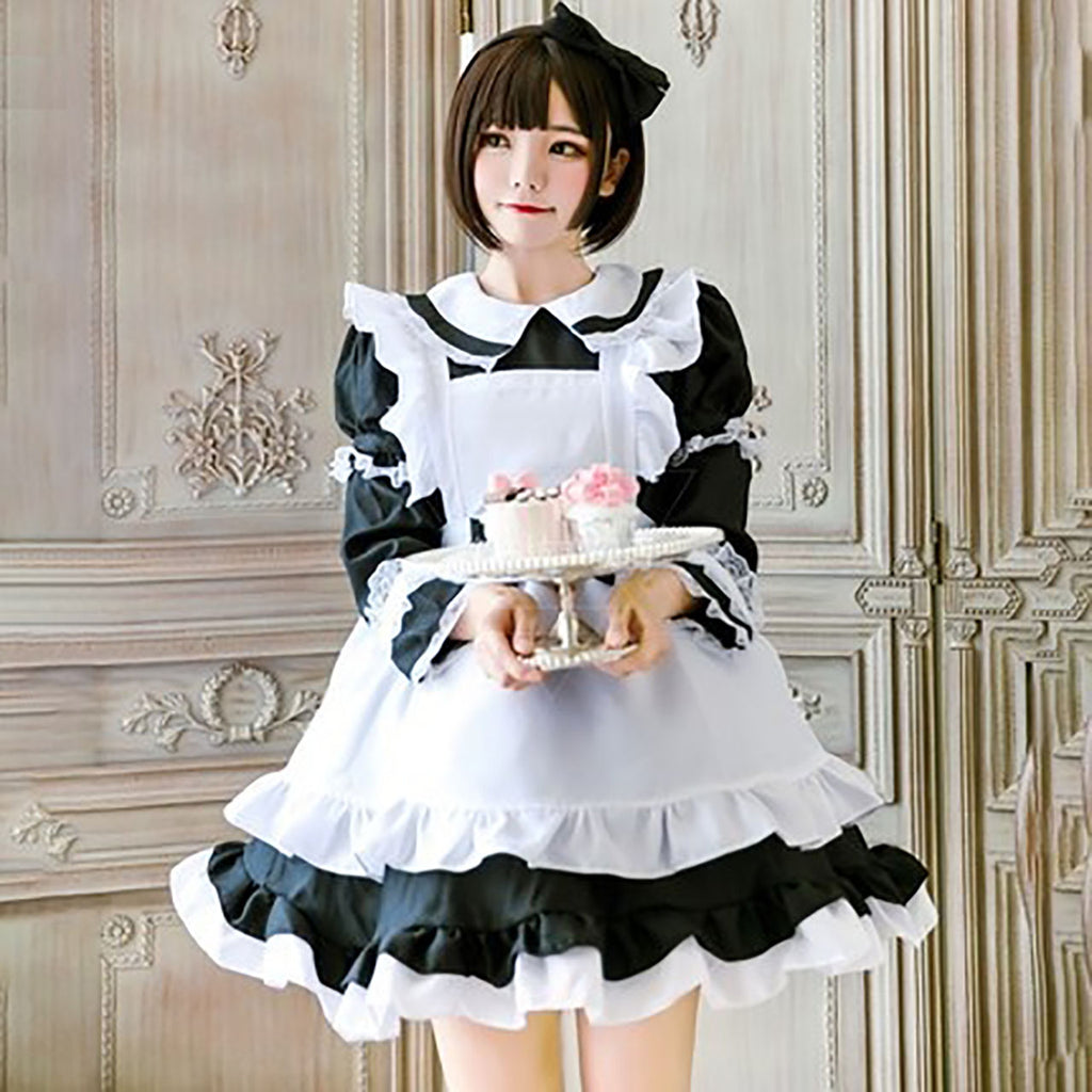 フリフリエプロンがかわいいブラックのメイド服コスチューム＆小物セット。ミニ丈なので撮影にもおすすめです。