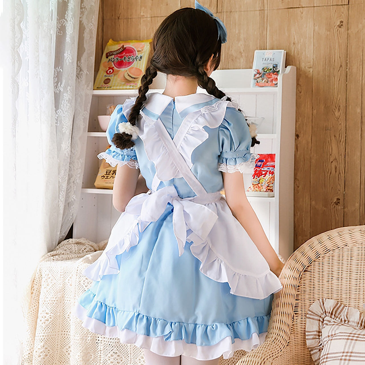 選べる３色 ２wayタイプのメイド服　水色コスチュームセット　文化祭やイベント、撮影かいにもおすすめ。キャバやメイドカフェのお仕事衣装としても最適です。半袖にもできるのでお仕事にもピッタリ
