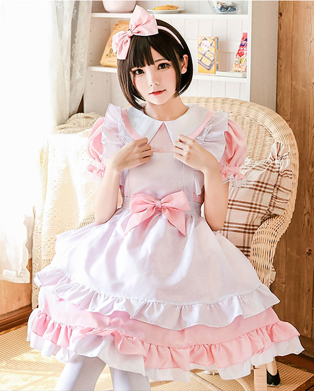 選べる３色 ２wayタイプのメイド服　コスチュームセット　文化祭やイベント、撮影かいにもおすすめ。キャバやメイドカフェのお仕事衣装としても最適です。フリルたっぷりのスカートとエプロンがかわいいピンク