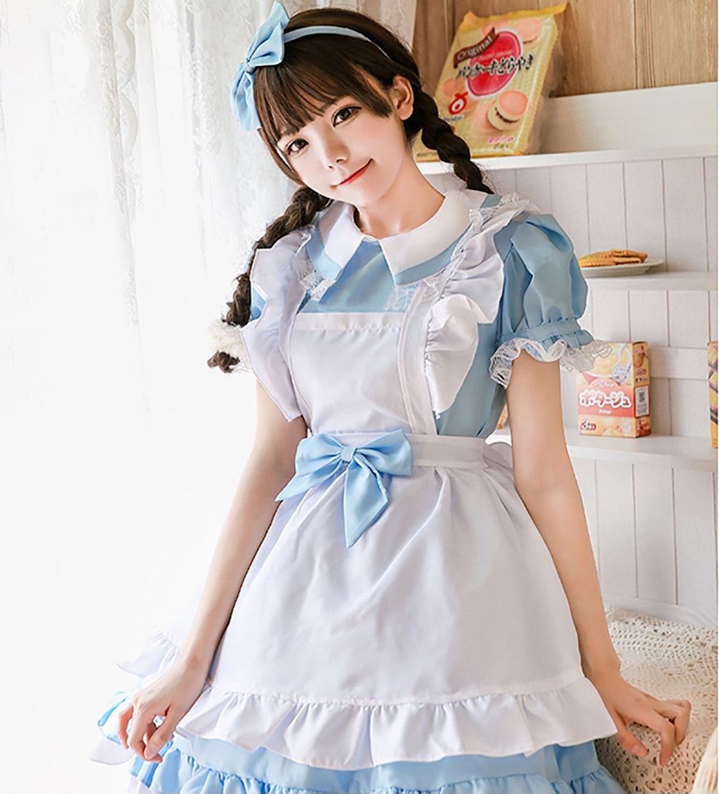 選べる３色 ２wayタイプのメイド服　水色コスチュームセット　文化祭やイベント、撮影かいにもおすすめ。キャバやメイドカフェのお仕事衣装としても最適です。フリフリがかわいいエプロン付きです。