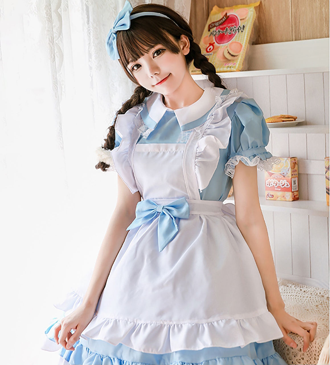 選べる３色 ２wayタイプのメイド服　水色コスチュームセット　文化祭やイベント、撮影かいにもおすすめ。キャバやメイドカフェのお仕事衣装としても最適です。フリフリがかわいいエプロン付きです。