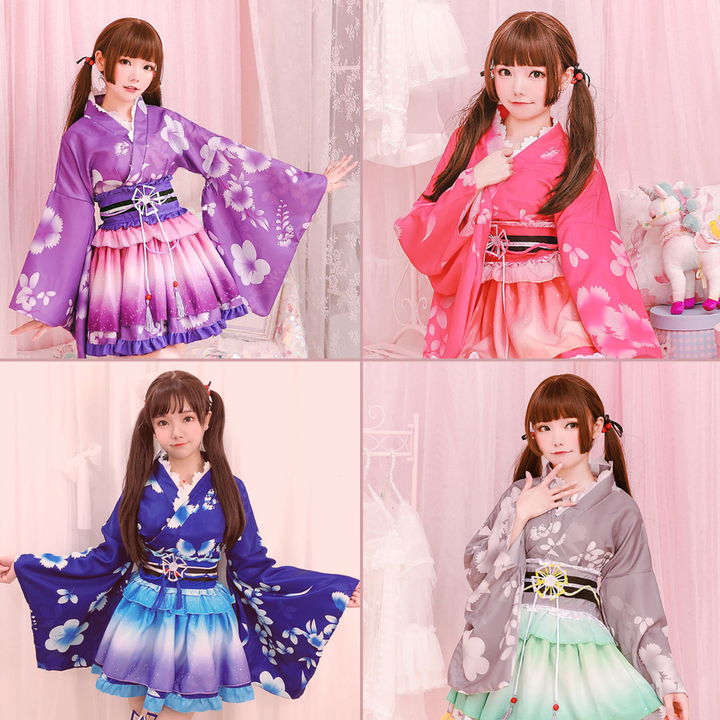 浴衣 和風 ミニスカ コスプレ 衣装 ピンク パープル グリーン ブルー　コスチューム